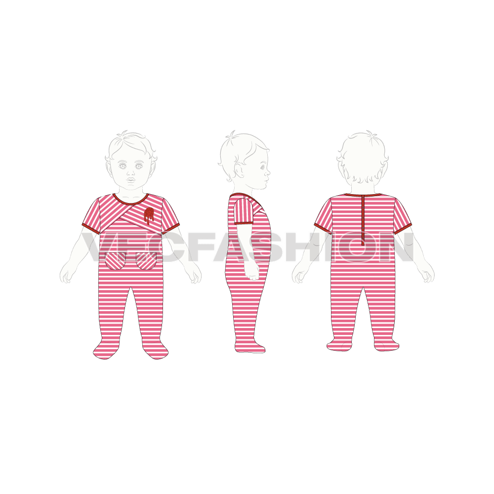Baby girl jumpsuit, striped flat sketch, croqui sketch