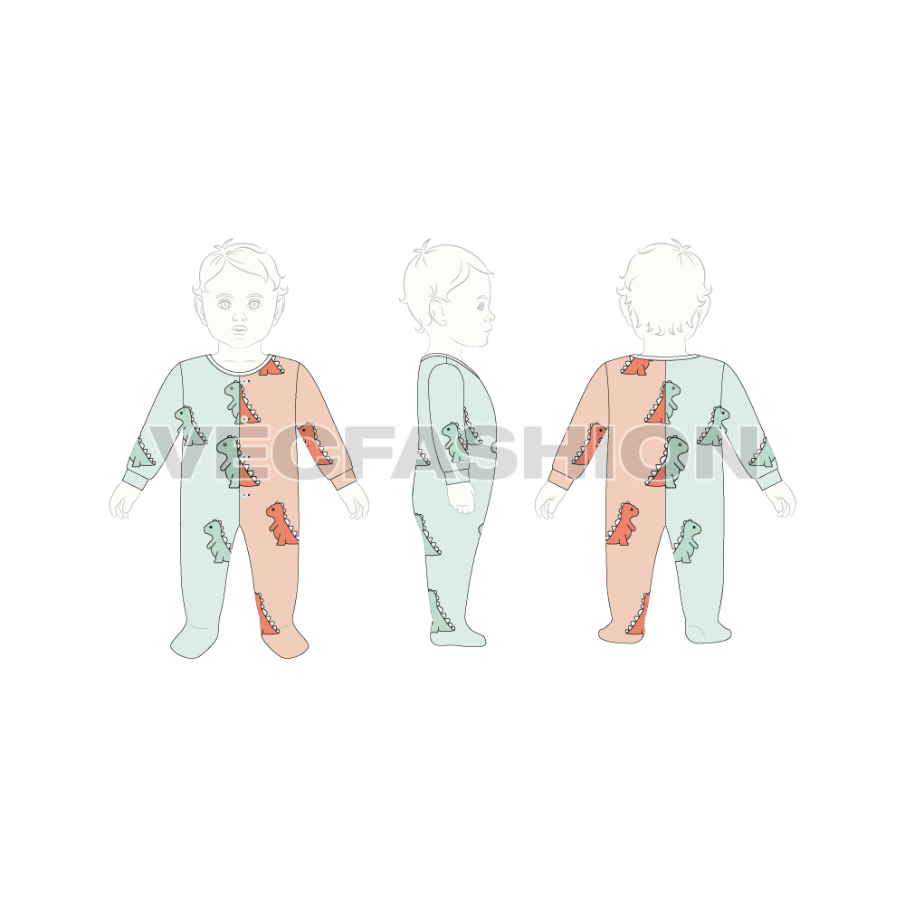 Baby girl jumpsuit, split color flat sketch, croqui sketch