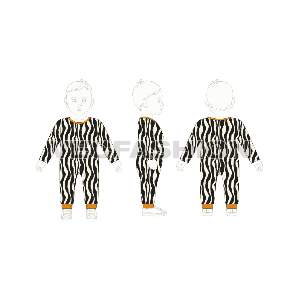 Baby girl jumpsuit, zebra print flat sketch, croqui sketch
