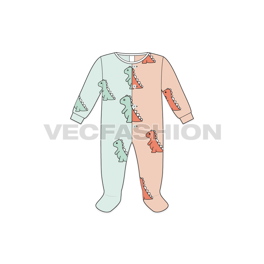 Baby girl jumpsuit, split color flat sketch, front view
