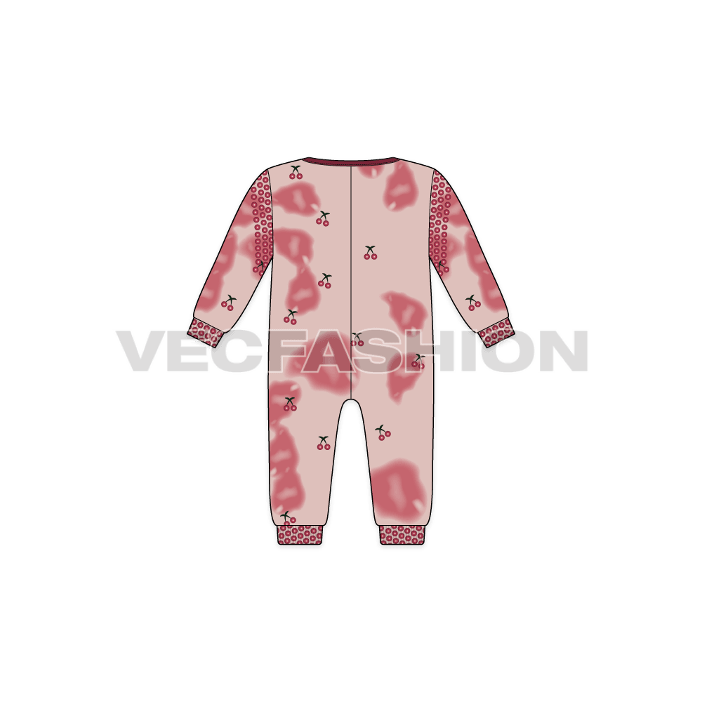 Baby girl jumpsuit, cherry print flat sketch, back view