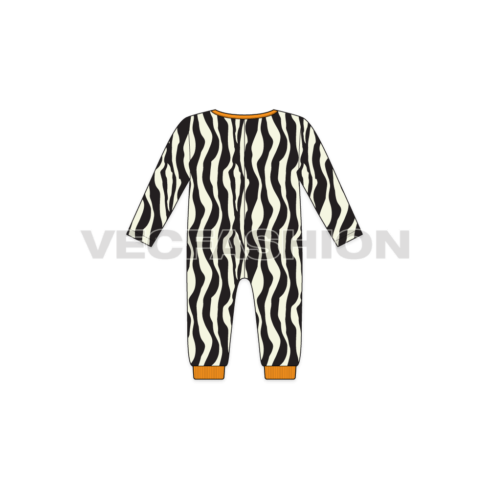 Baby girl jumpsuit, zebra print flat sketch, back view