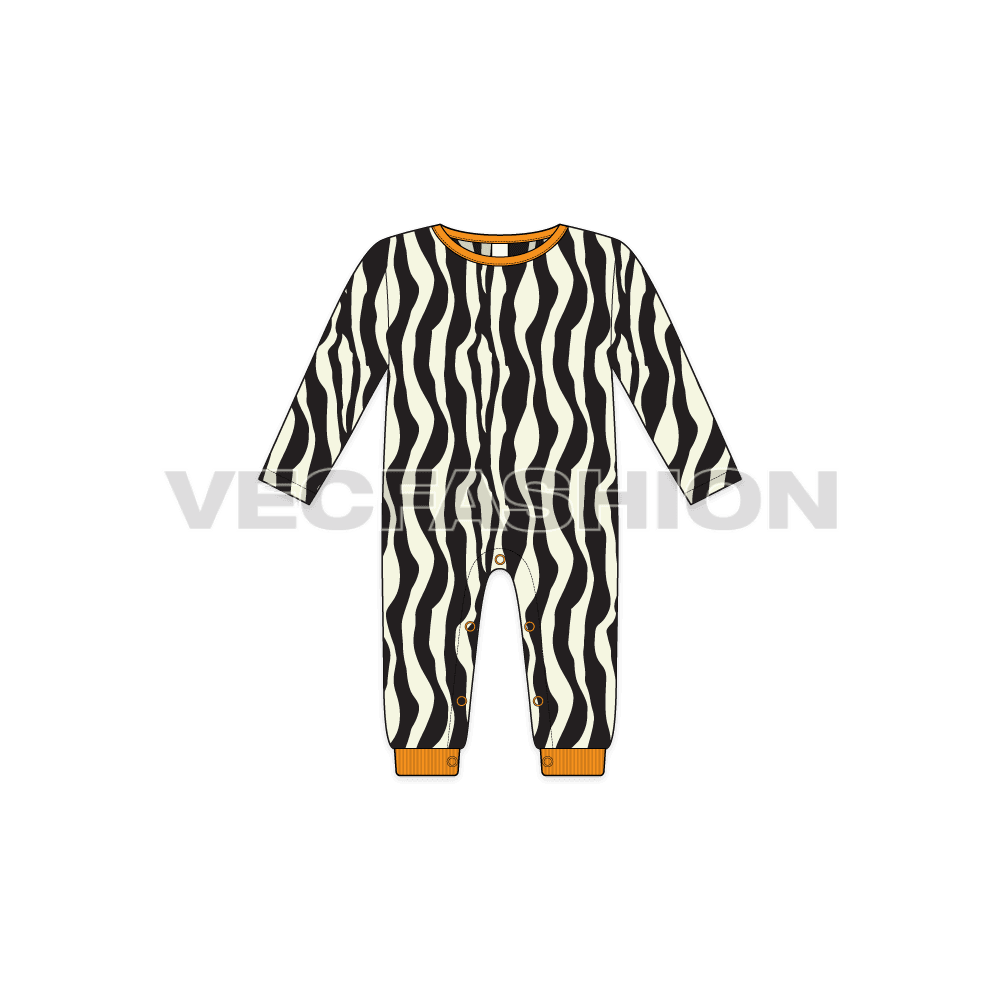 Baby girl jumpsuit, zebra print flat sketch, front view