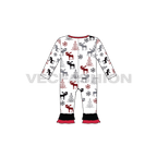 Baby girl jumpsuit, henley neck flat sketch, back view
