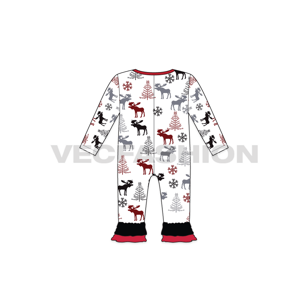 Baby girl jumpsuit, henley neck flat sketch, back view