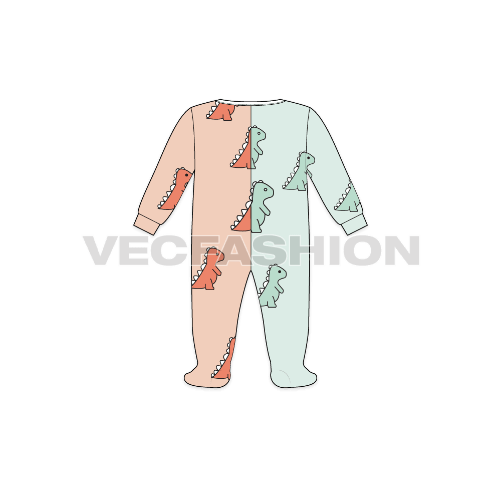 Baby girl jumpsuit, split color flat sketch, back view