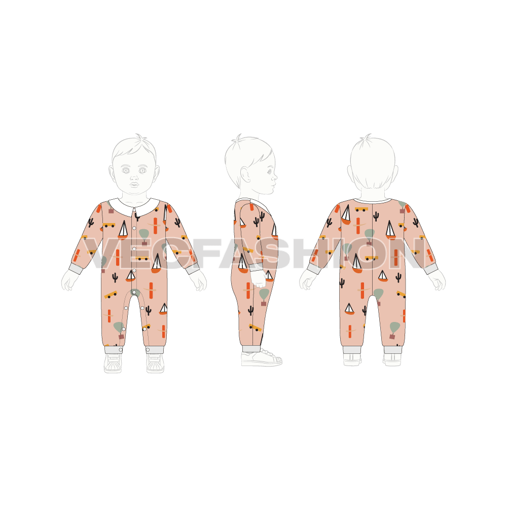 Baby girl romper, sailor collar flat sketch, croqui sketch