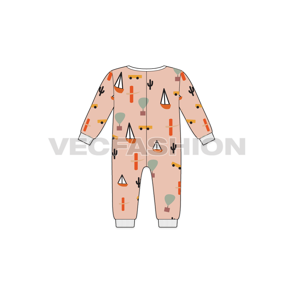 Baby girl romper, sailor collar flat sketch, back view