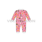 Baby girl romper, allover print flat sketch, back view