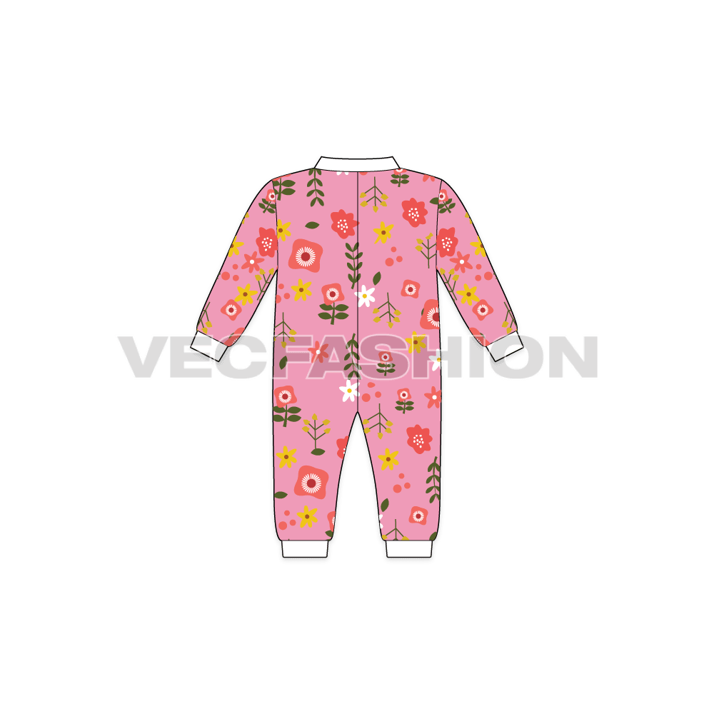 Baby girl romper, allover print flat sketch, back view