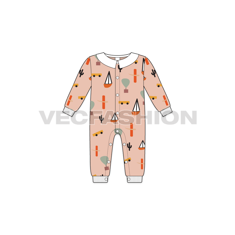 Baby girl romper, sailor collar flat sketch, front view