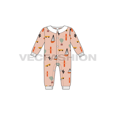 Baby girl romper, sailor collar flat sketch, front view