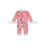 Baby girl romper, allover print flat sketch, front view