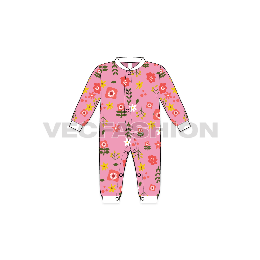 Baby girl romper, allover print flat sketch, front view