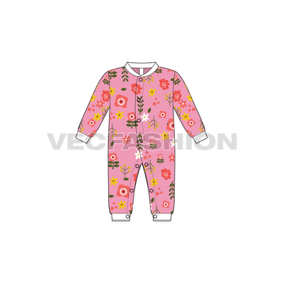 Baby girl romper, allover print flat sketch, front view