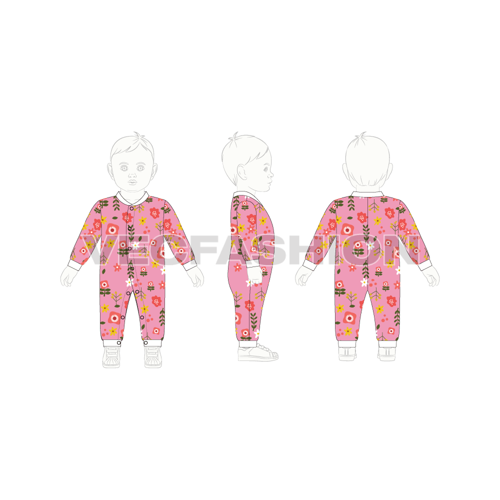 Baby girl romper, allover print flat sketch, croqui sketch