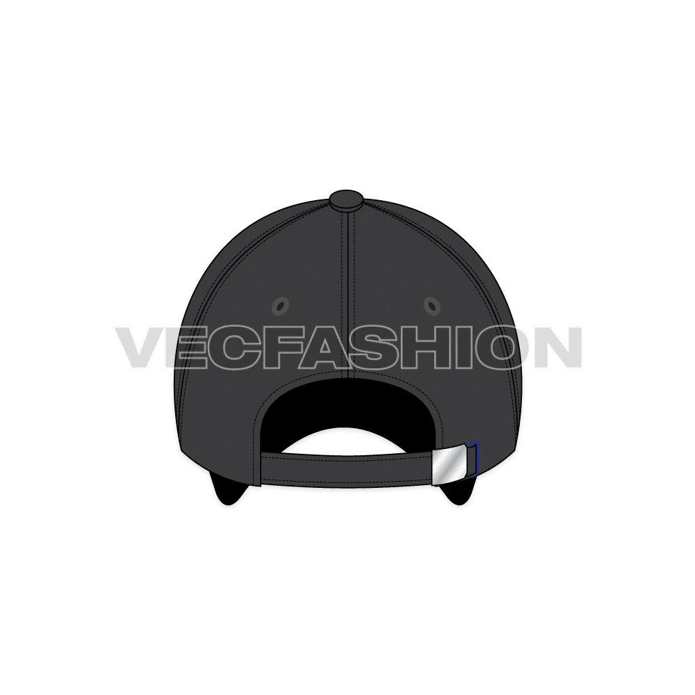 A vector illustrator template of Baseball Cap in black color. It is illustrated in four views showing all construction details. 