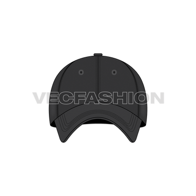 A vector illustrator template of Baseball Cap in black color. It is illustrated in four views showing all construction details. 