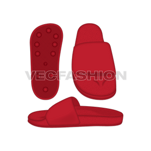 A set of Basic Casual Slippers Vector Template, it comes in 3 colourways which are Red, Gray and Black. yet easy to edit. These CADs are showing 3 views which are Top View, Side View and Bottom View.