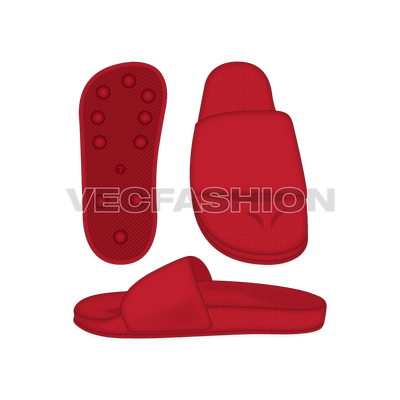 A set of Basic Casual Slippers Vector Template, it comes in 3 colourways which are Red, Gray and Black. yet easy to edit. These CADs are showing 3 views which are Top View, Side View and Bottom View.