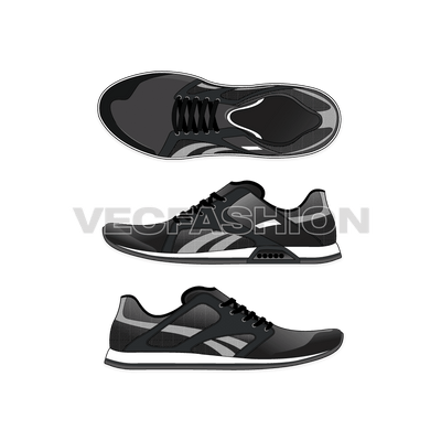 A detailed illustration of Sport Sneakers in Black color. It is illustrated with multiple views like Top View, Outside view and Inside View with other design details on it.