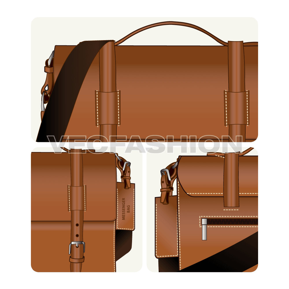 Brown leather messenger bag flat sketch, view 3