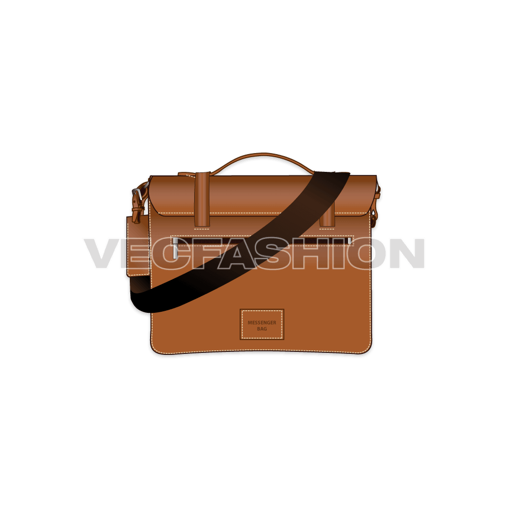 Brown leather messenger bag flat sketch, view 2