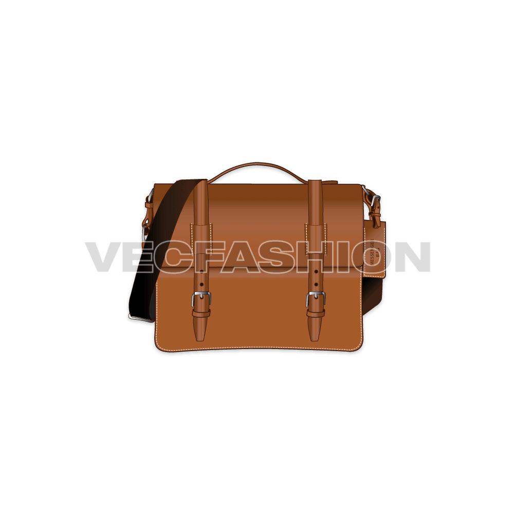 Brown leather messenger bag flat sketch, view 1
