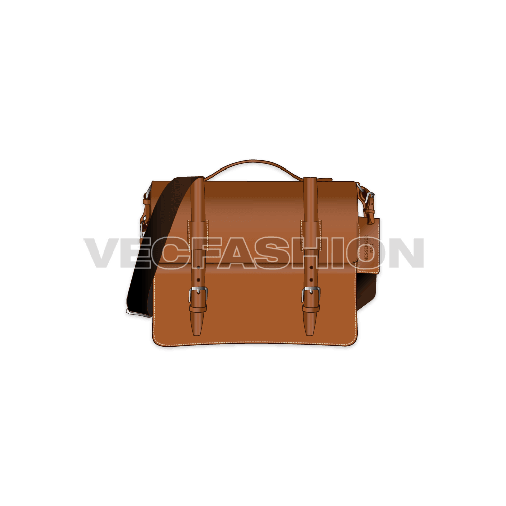 A detailed vector illustration for Brown Leather Messenger Bag, rendered in brown leather texture with canvas shoulder strap. This template also have other trims like metal hook and buckles, main label and hand-carry strap.