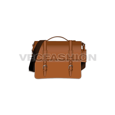 A detailed vector illustration for Brown Leather Messenger Bag, rendered in brown leather texture with canvas shoulder strap. This template also have other trims like metal hook and buckles, main label and hand-carry strap.