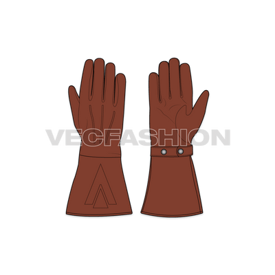 A fully editable fashion cad for Brown Motorcycle Gloves. It is illustrated with front and back view and have strap detail on it with metal studs. 