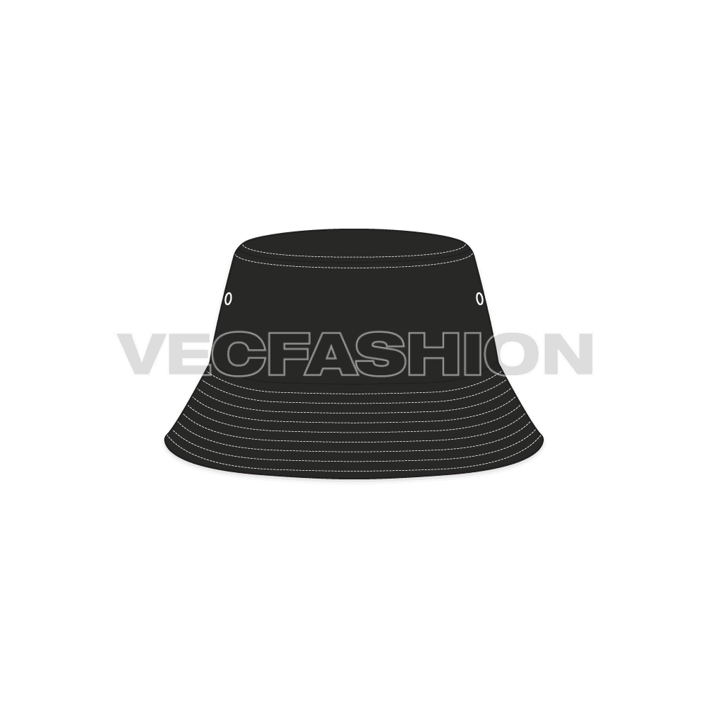 A fully editable illustrator cad sketch of Bucket Hat with Long Crown. It is rendered in dark grey color with contrast colored stitching.  