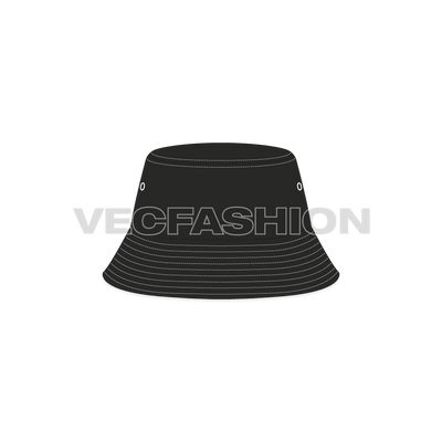 A fully editable illustrator cad sketch of Bucket Hat with Long Crown. It is rendered in dark grey color with contrast colored stitching.  