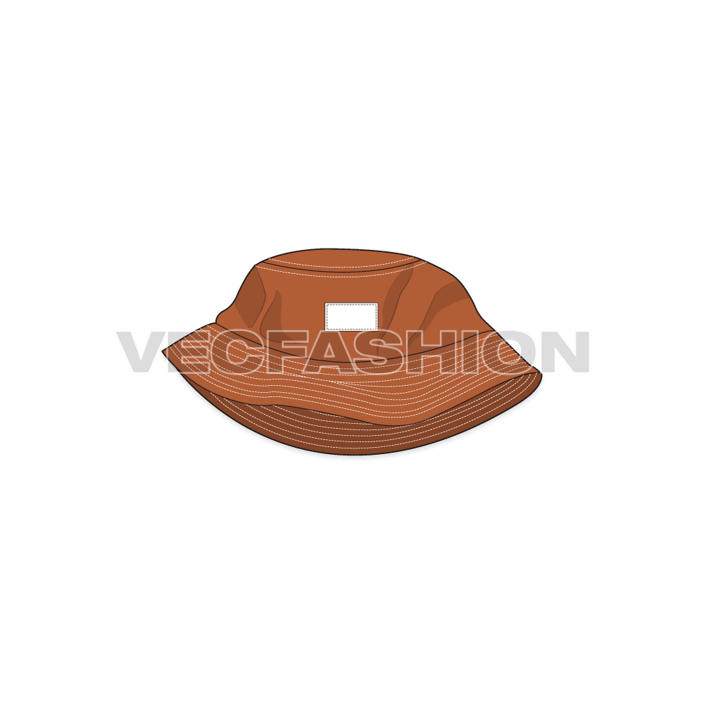 A fully editable illustrator cad sketch of Bucket Hat with Short Crown. It is rendered in 3 colorways and have a woven label on it. 