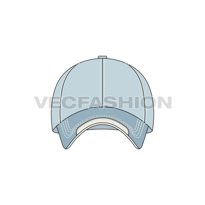 A vector illustrator template of Bull Denim Baseball Cap. It is illustrated with four views and colored with powder blue vintage scheme. It has a darker shade of brim with contrast cream color stitching and trim on the edge of the brim.