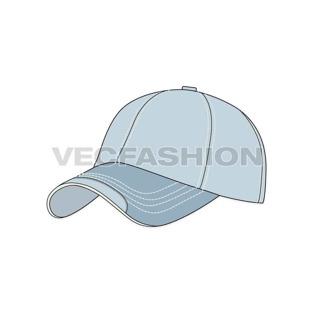 A vector illustrator template of Bull Denim Baseball Cap. It is illustrated with four views and colored with powder blue vintage scheme. It has a darker shade of brim with contrast cream color stitching and trim on the edge of the brim.
