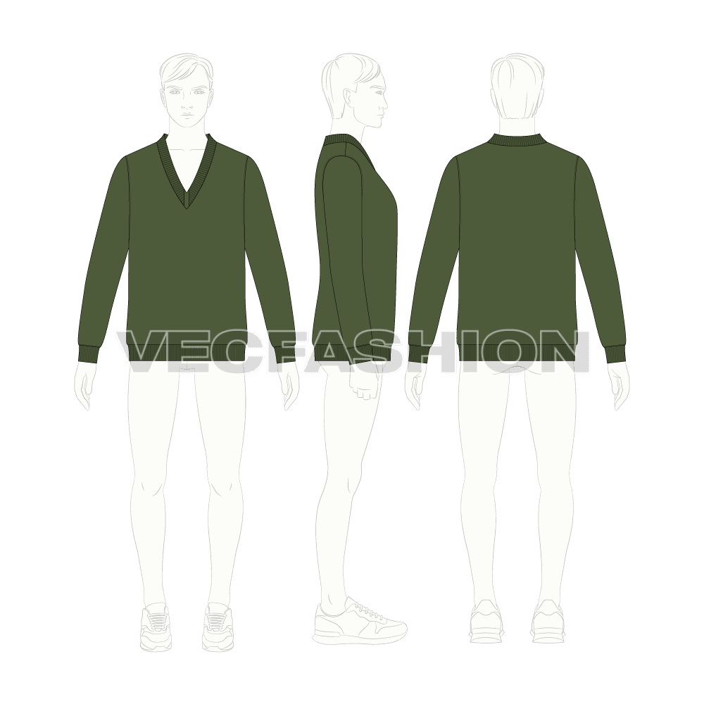 Mens long v neck merino sweater flat sketch, croqui sketch