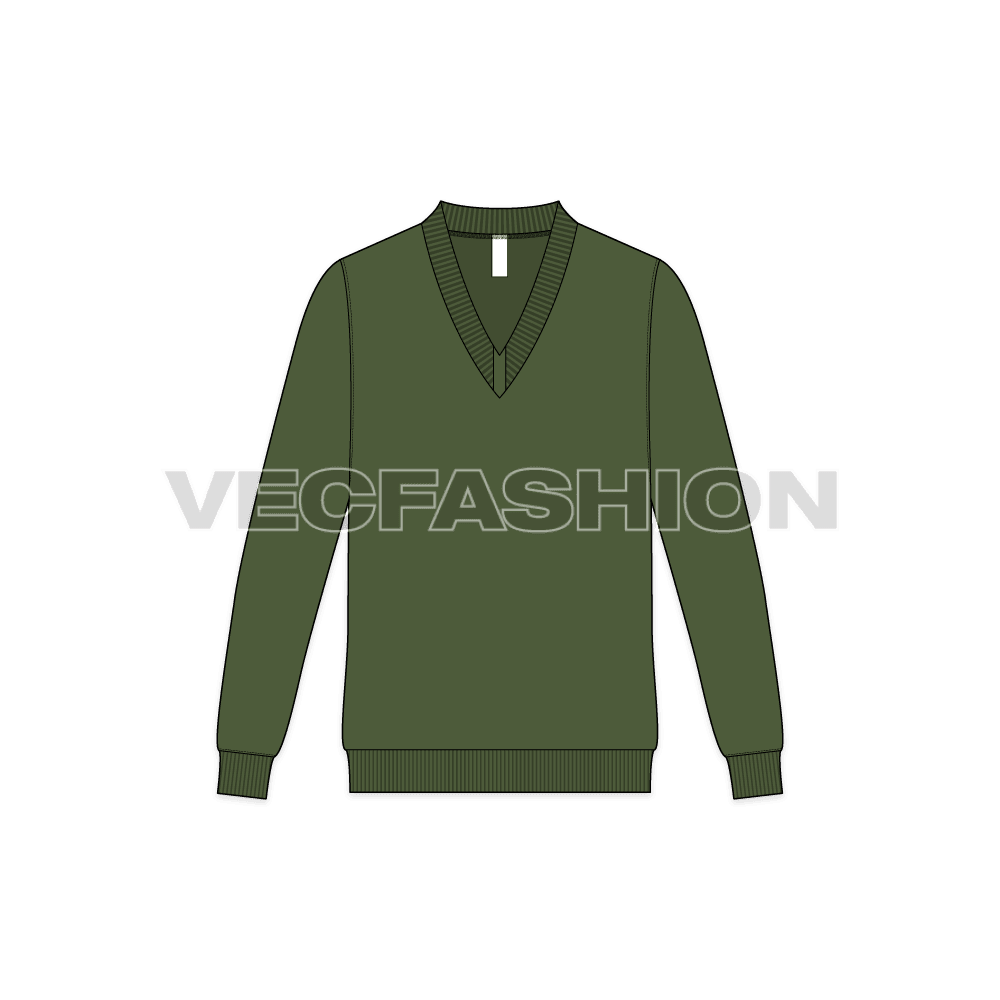 Mens long v neck merino sweater flat sketch, front view