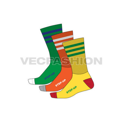 An illustrator fashion cad for Calf Length Socks. It is colored in three sporty combinations and it have stripes and text for branding on it. 