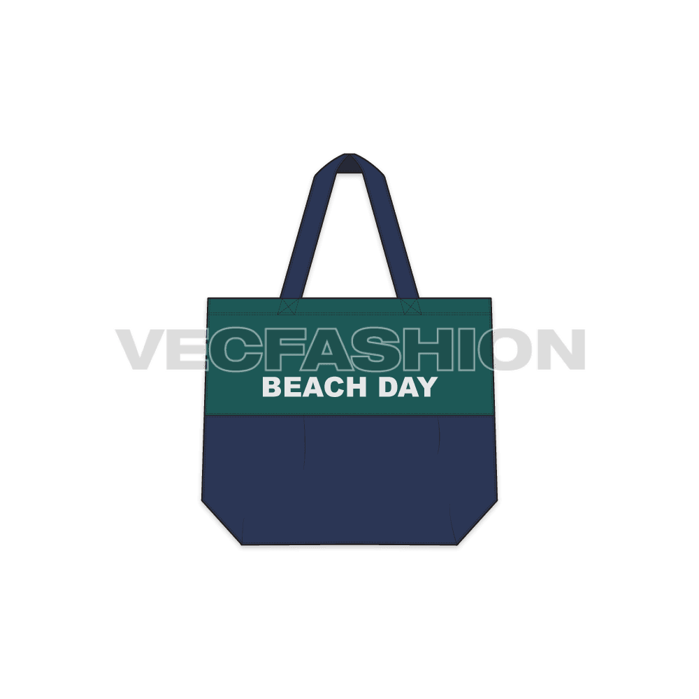 A vector illustrator cad for Canvas Beach Tote Bag. It is a very sleek design with two colored fabric panels with a print on it in white.