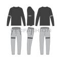 Mens casual daywear set flat sketch, showing all views, front, side and back