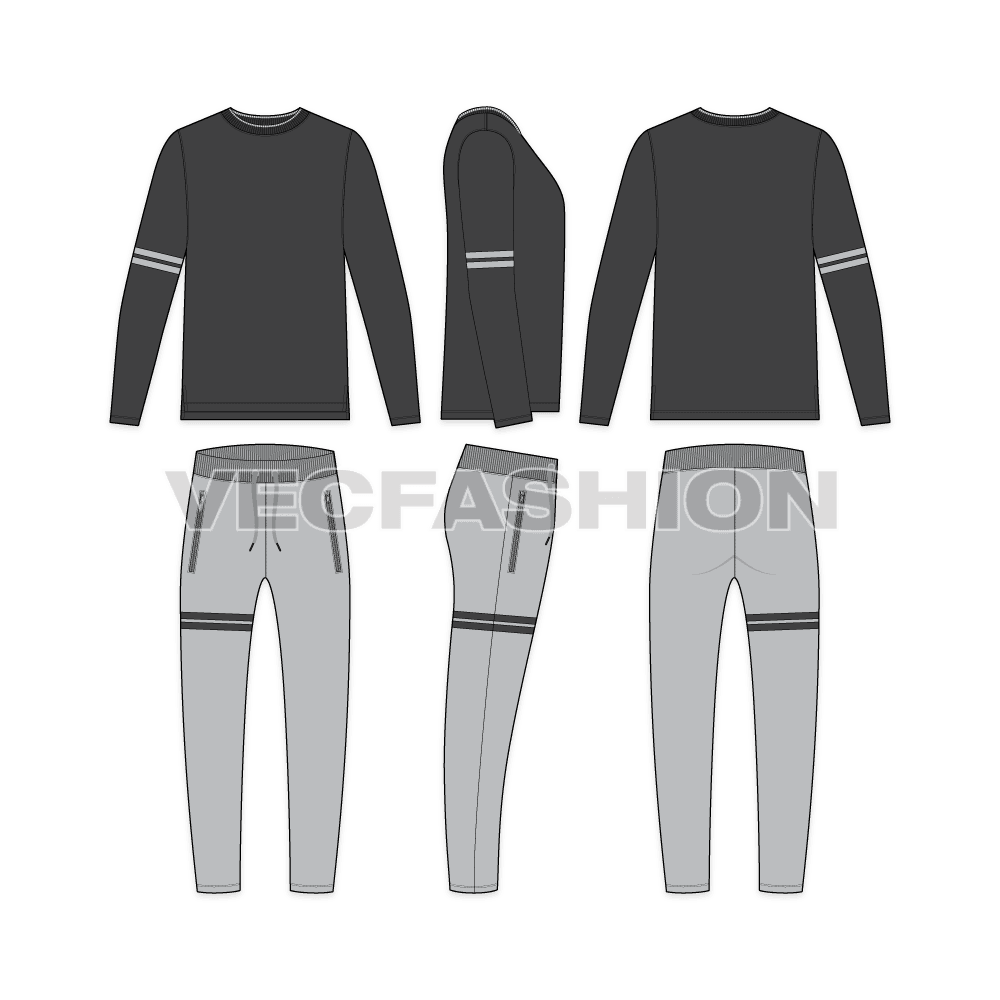 Mens casual daywear set flat sketch, showing all views, front, side and back