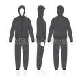 Charcoal gray running tracksuit set flat sketch, showing all views, front, side and back