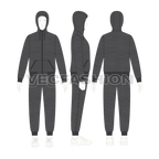 Charcoal gray running tracksuit set flat sketch, showing all views, front, side and back