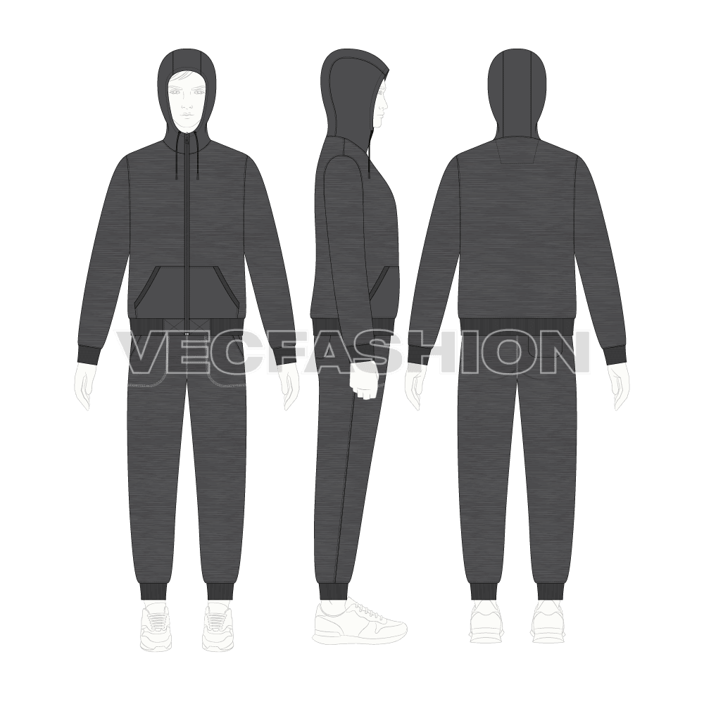 Charcoal gray running tracksuit set flat sketch, showing all views, front, side and back