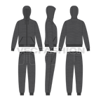 Charcoal gray running tracksuit set flat sketch, on croqui