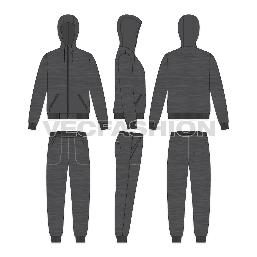 Charcoal gray running tracksuit set flat sketch, on croqui