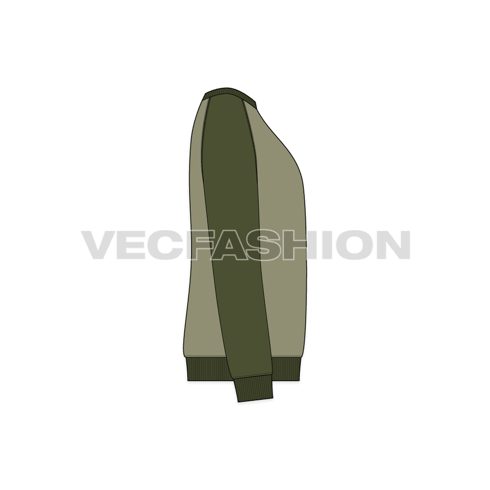 Mens classic round neck sweatshirt flat sketch, side view