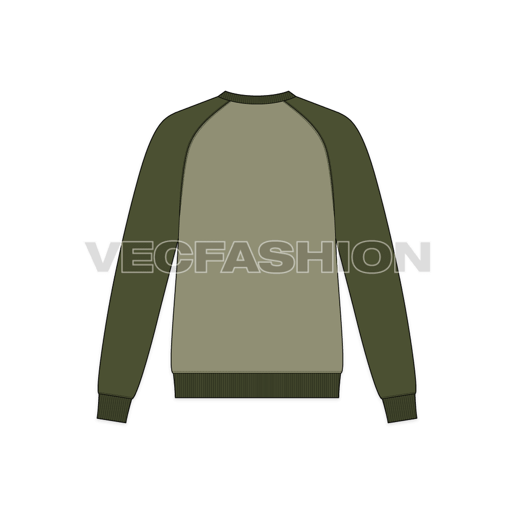 Mens classic round neck sweatshirt flat sketch, back view