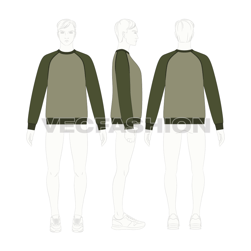 Mens classic round neck sweatshirt flat sketch, croqui sketch